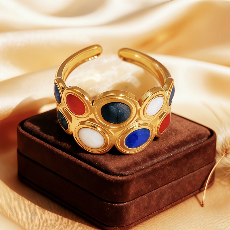Women's Colorful Polka Dot Golden Stainless Steel Opening Ring